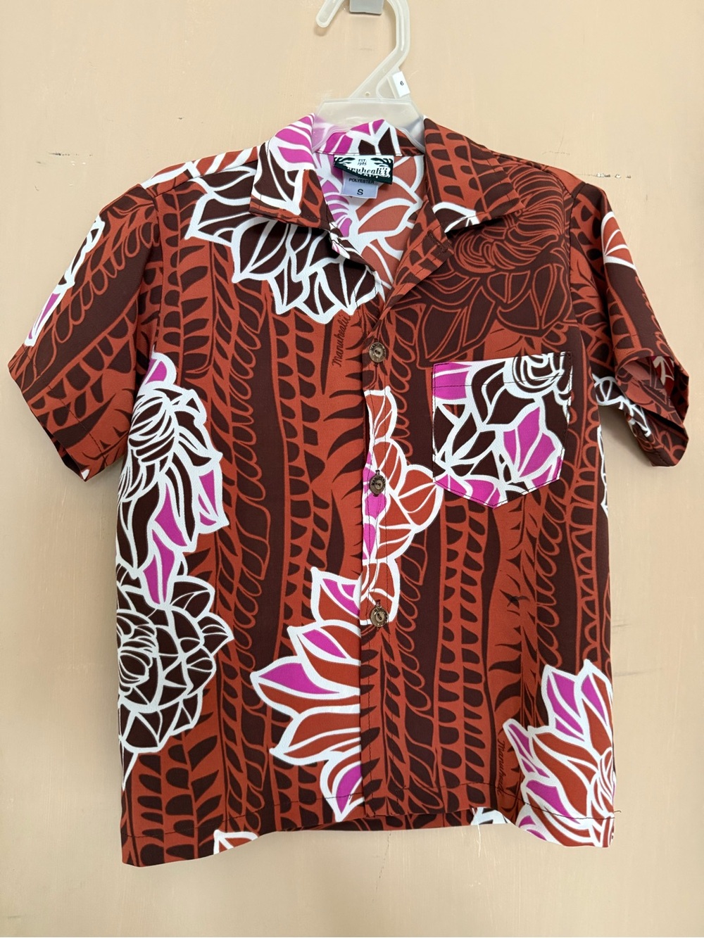 Manuheali’i Boys' Rust Floral Button-Down Aloha Shirt with Pink & White Accents